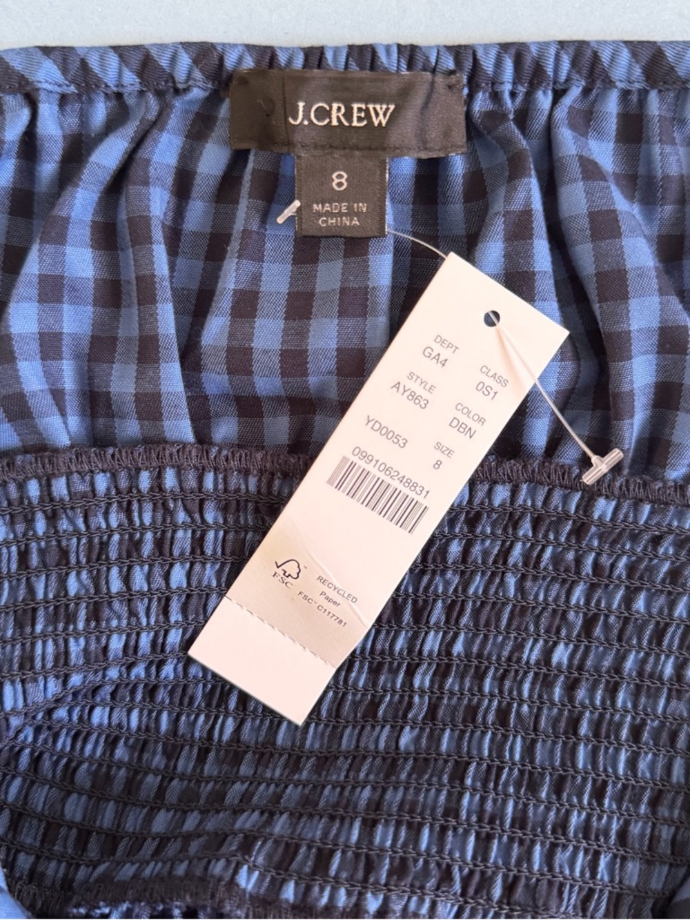 NWT J. Crew Smocked Waist Gingham Blue Pleated Cottagecore Peasant Midi Dress - Picture 5 of 6